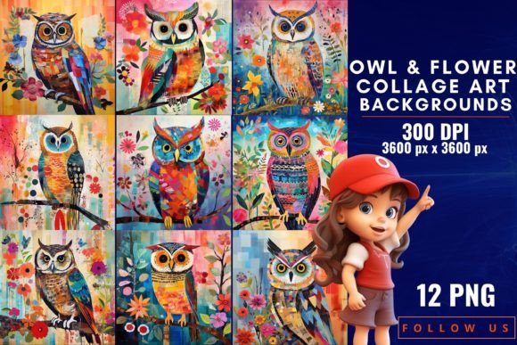 Enchanting Owl & Flower Collage Art Backgrounds